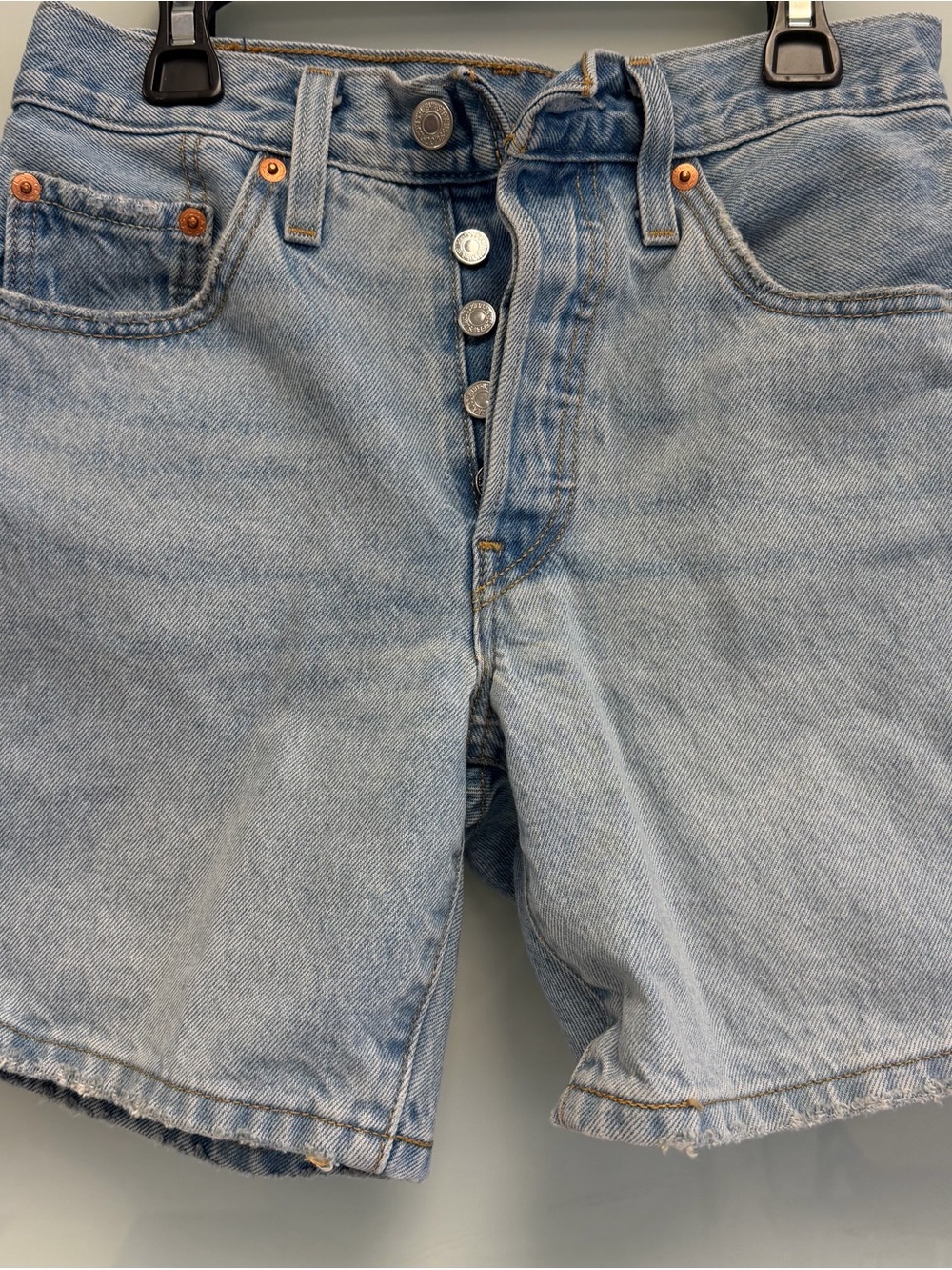 Levi's Light Blue Button-Fly 501 Denim Shorts with Copper Rivets